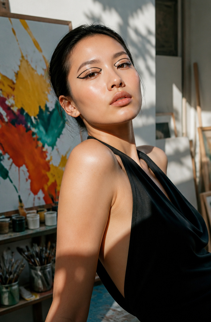 Model with striking graphic eyeliner in an artist's studio.