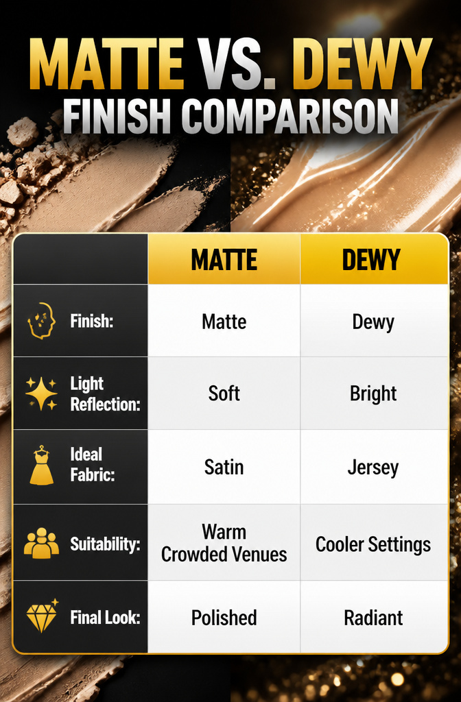 A comparison image of matte and dewy makeup finishes.