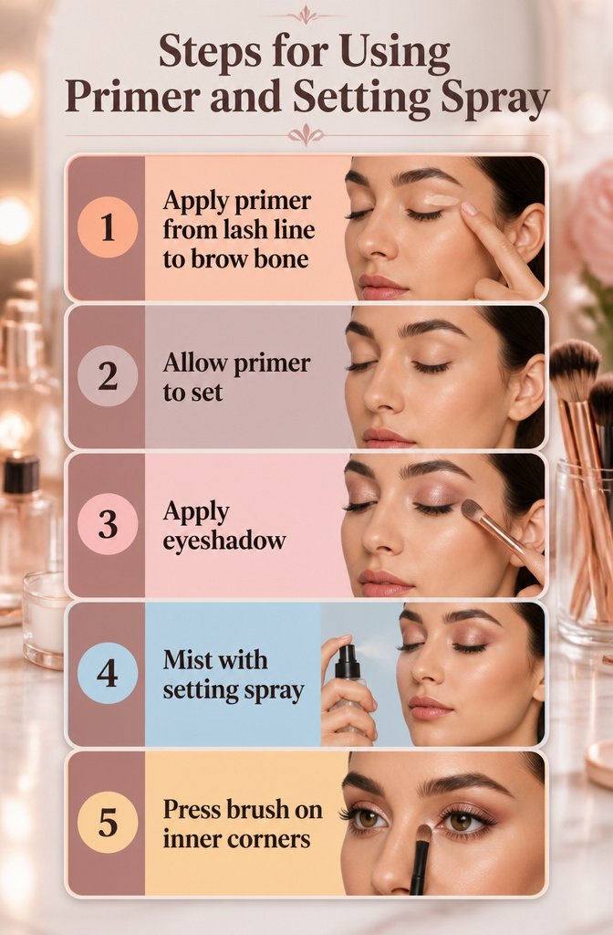 Steps for using primer and setting spray illustrated with makeup tools.