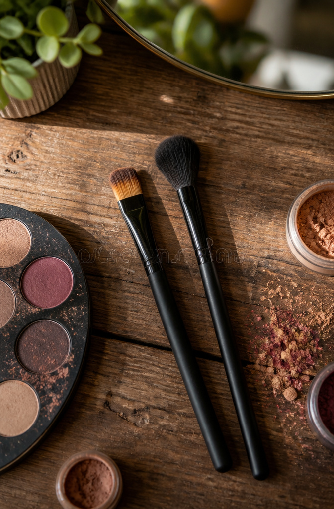 Makeup tools including brushes and fingers for applying eyeshadow.