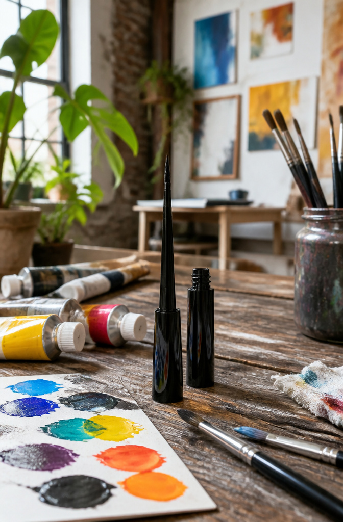 A liquid eyeliner among colorful artist supplies.