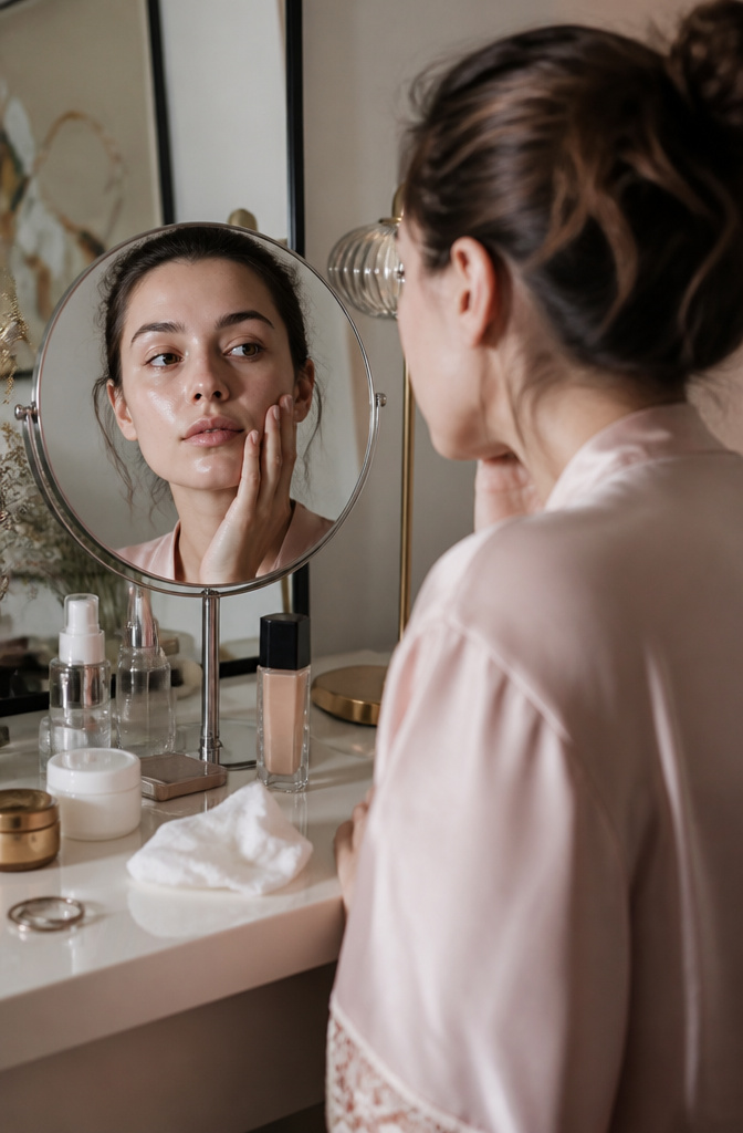 Model's face with freshly applied moisturizer at a vanity.
