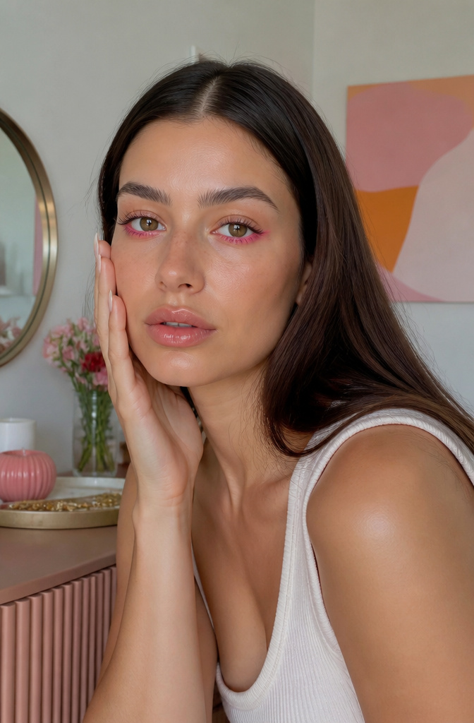 A model with a bright pink waterline and minimal eye makeup.