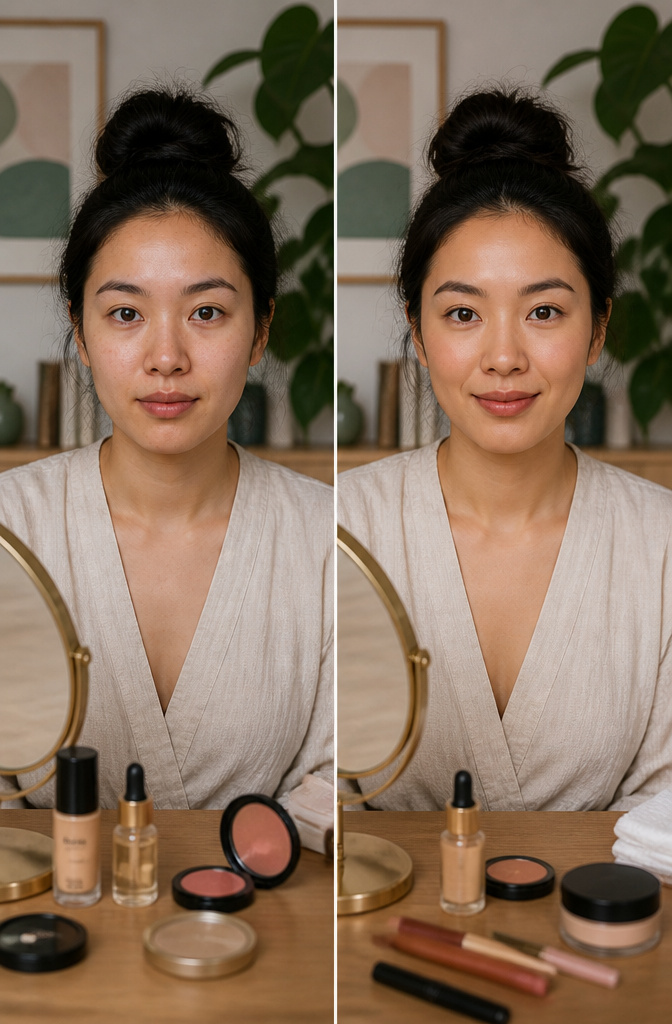 Text comparing natural makeup and no-makeup makeup styles.