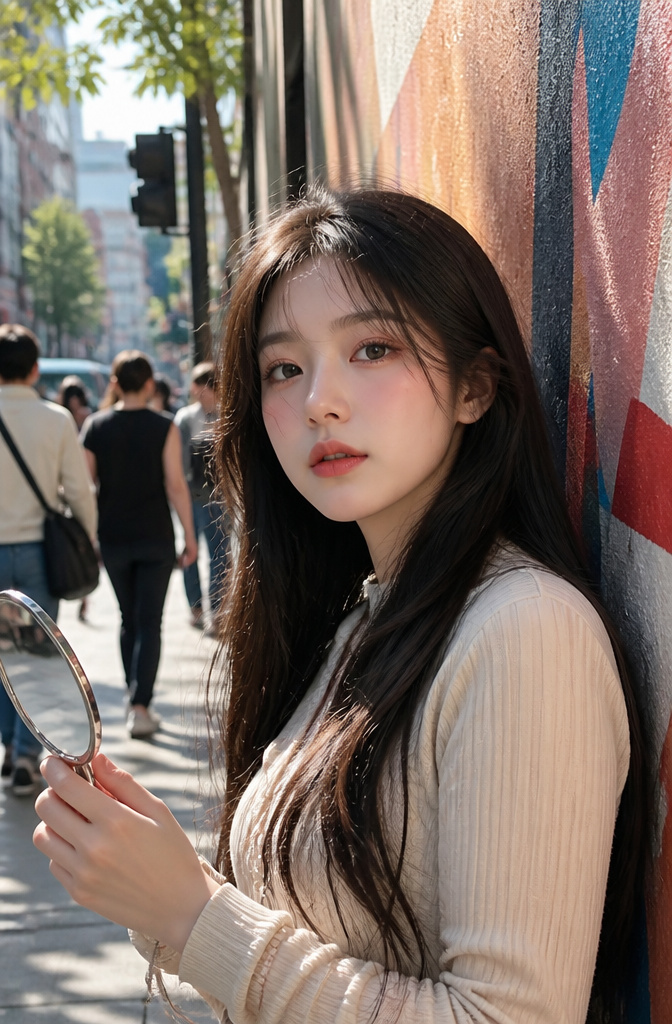 A model with Douyin makeup in front of a vibrant street mural.