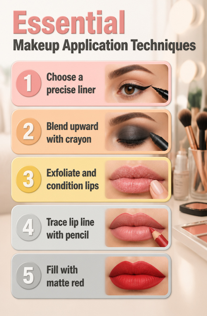 Classic Makeup Ideas: Timeless Looks for 2026 12 An infographic illustrating essential makeup application techniques.