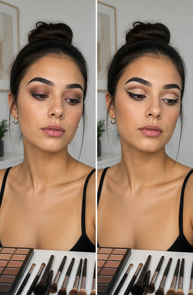 Model showcasing a carved-out crease with precise makeup.