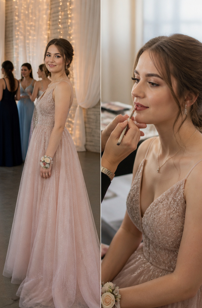 A young woman with natural makeup poses against a softly lit prom backdrop.