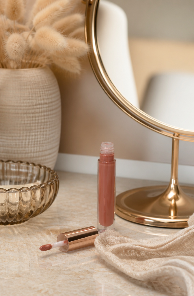 Model with glossy soft glam lips highlighted by a sheer tint.