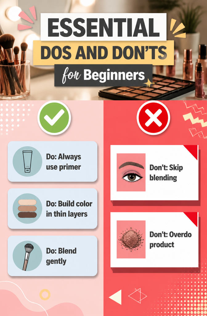Dos and don'ts for beginners in eyeshadow application displayed visually.
