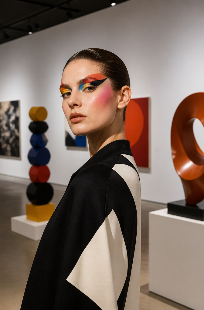 A model with avant-garde makeup surrounded by abstract art.