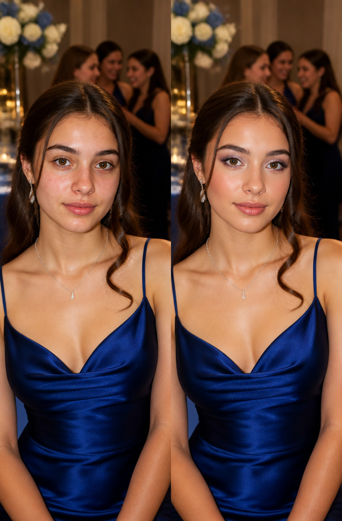 A young woman in a bold gown with neutral makeup at a prom event.