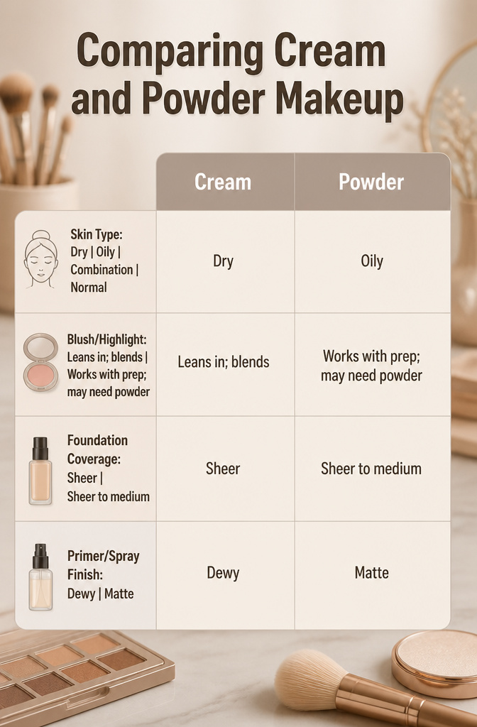 Image comparing cream and powder makeup products.