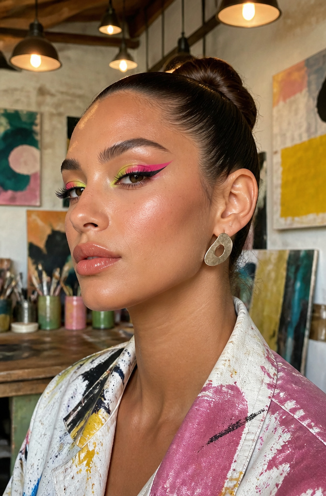 Ashley Graham with green cat eye makeup in a chic studio.