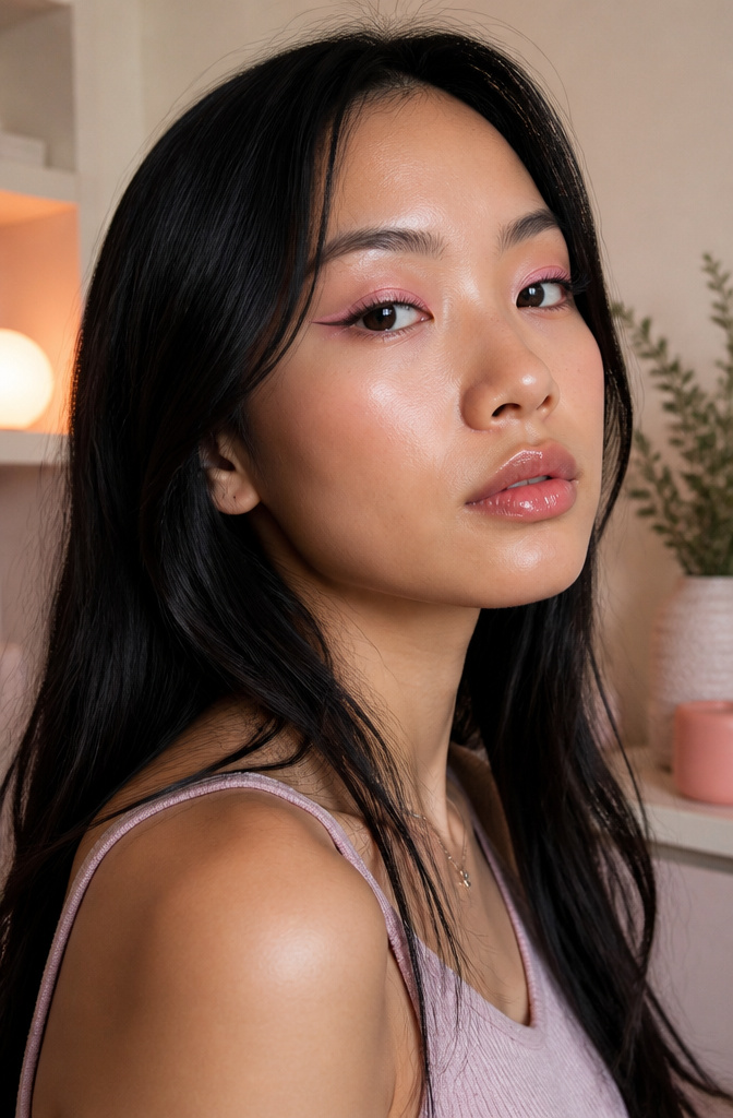 A model showcasing a baby pink siren eye with an upward flick.