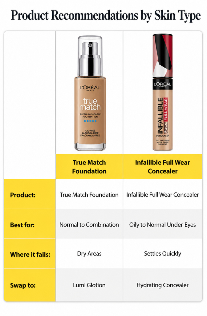 Infographic suggesting makeup products based on skin type.