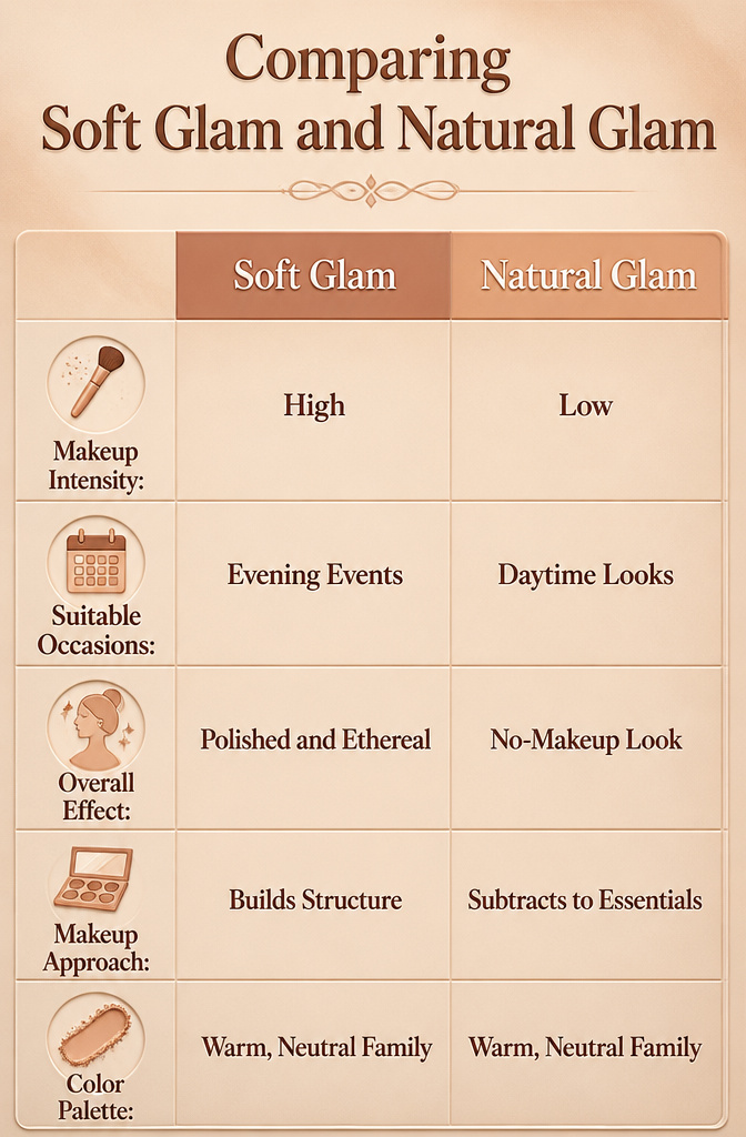 Image comparing soft glam and natural glam makeup styles.
