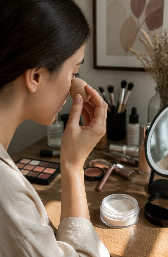 Close-up of concealer being applied under the eye with a sponge.