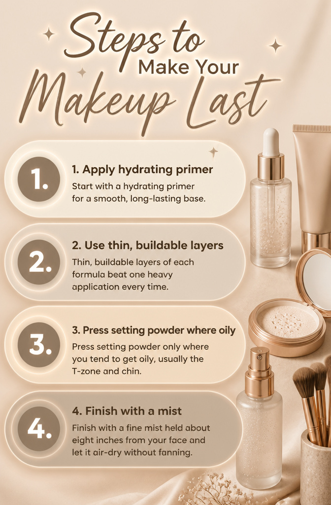 Image detailing steps to make makeup last longer.