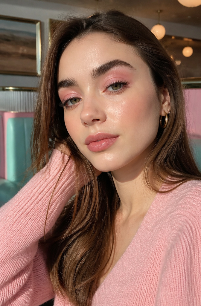 A model with pastel pink eyeshadow and brown mascara.