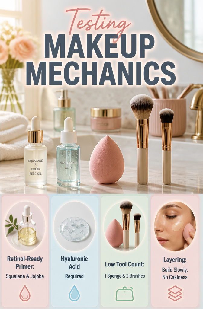 An image titled 'Testing Makeup Mechanics' with various makeup tools.