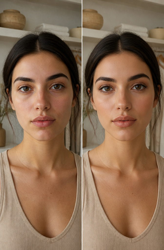 Close-up of model's nude lips against her skin.