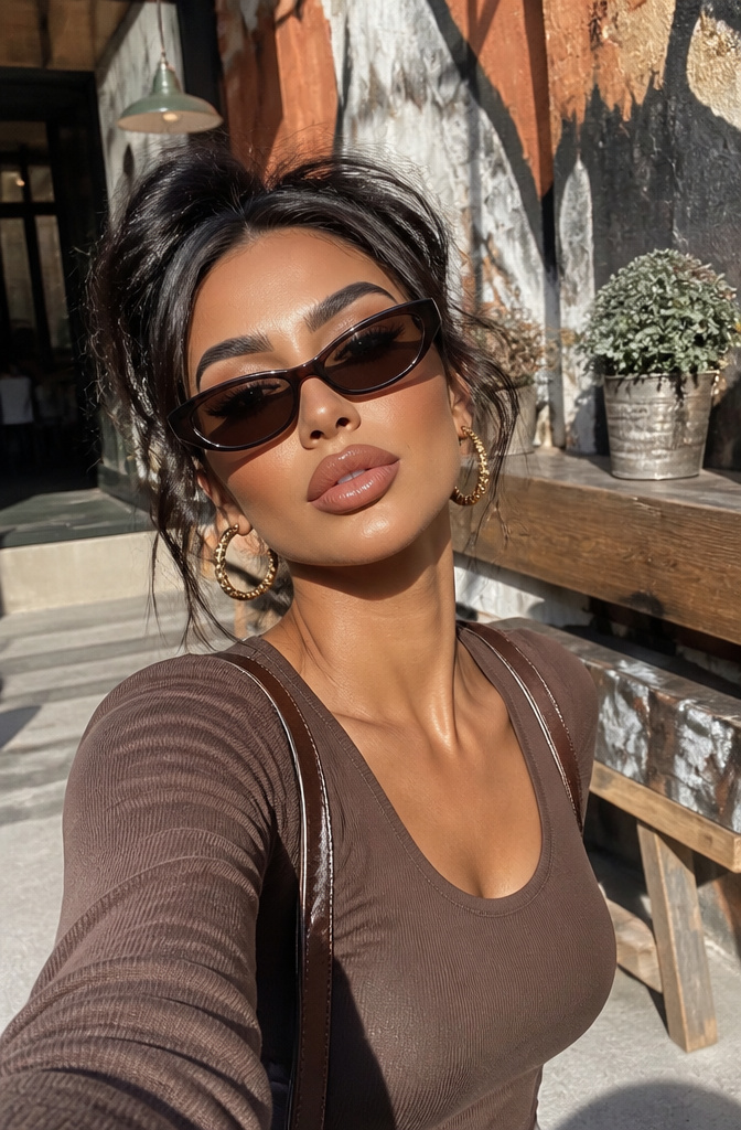 A model with Instagram baddie makeup in a trendy outdoor space.