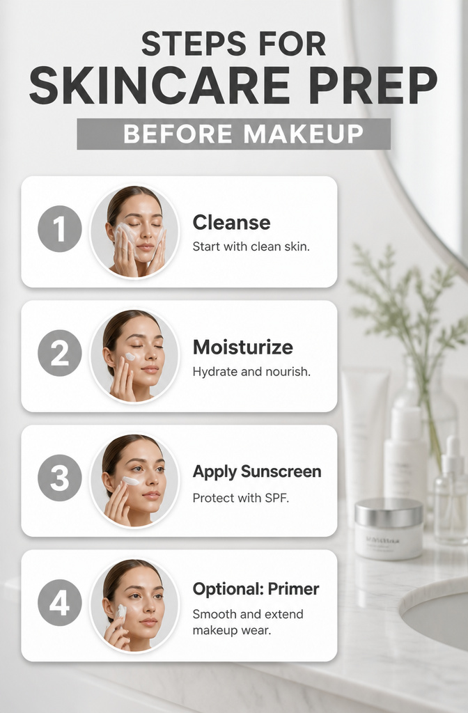 Steps for skincare prep before applying makeup, emphasizing hydration.