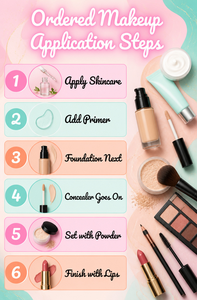 Infographic outlining the steps for makeup application.