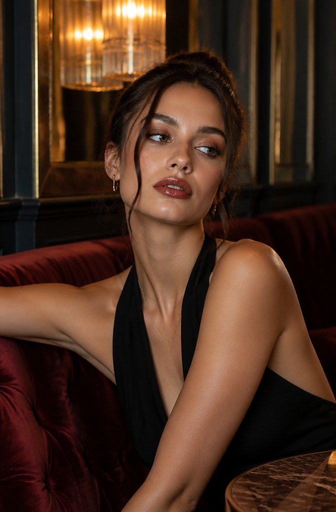 Model with glossy lips in a cocktail lounge setting.
