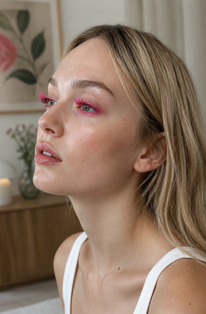 A model with pink mascara applied to her lashes.