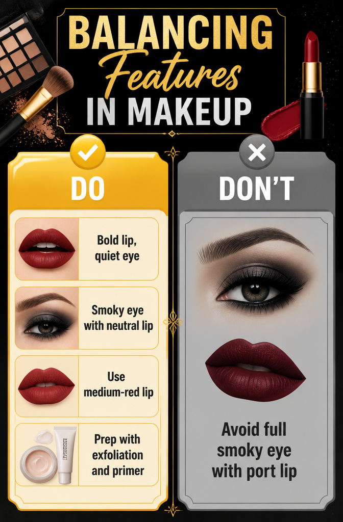 Classic Makeup Ideas: Timeless Looks for 2026 15 An infographic illustrating how to balance makeup features.
