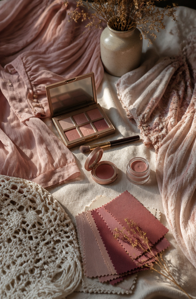 A palette of rose hues and dusty pink fabrics arranged elegantly.