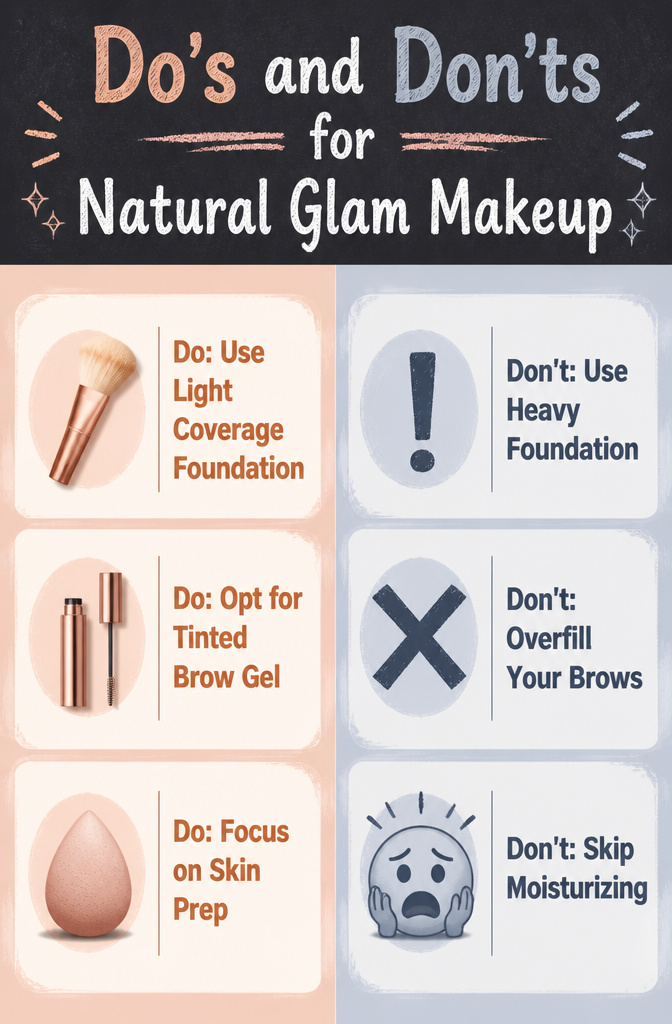 Do's and don'ts for achieving a natural glam makeup look.