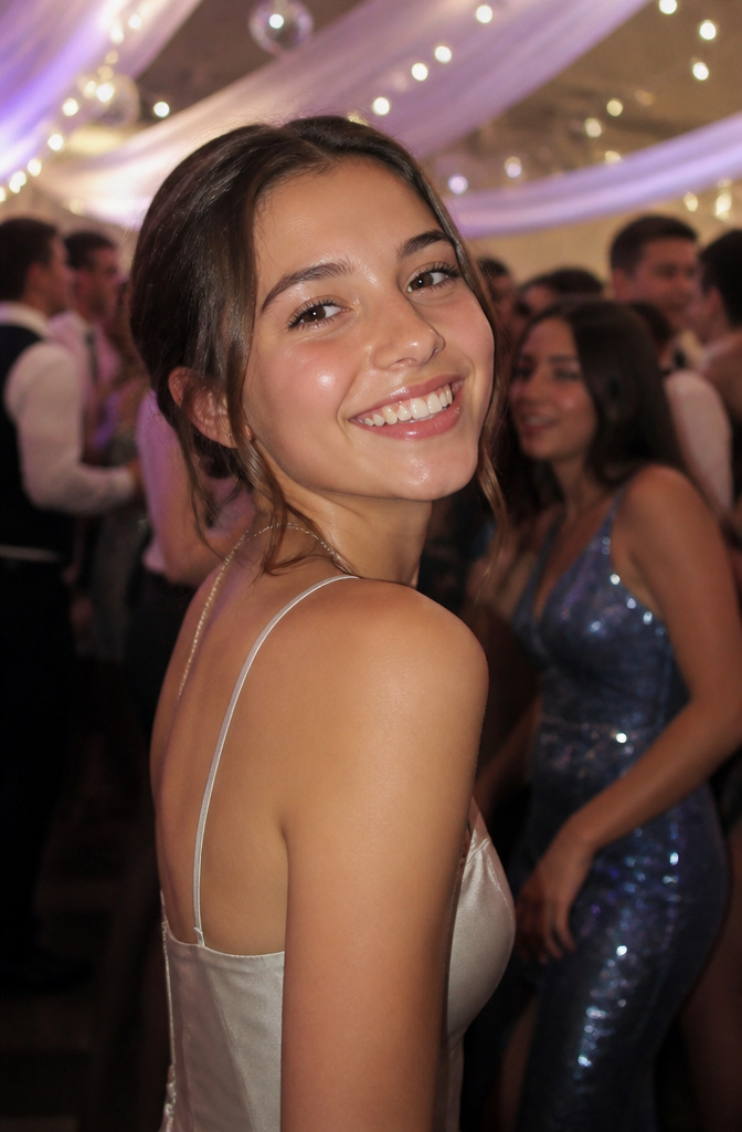 A young woman with glossy lips smiles on a lively prom dance floor.