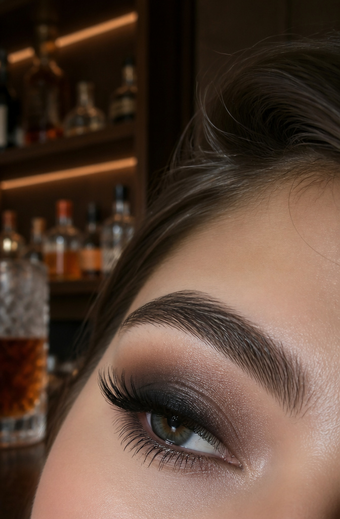 A model with smokey eye makeup displayed against a soft-focus bar scene.