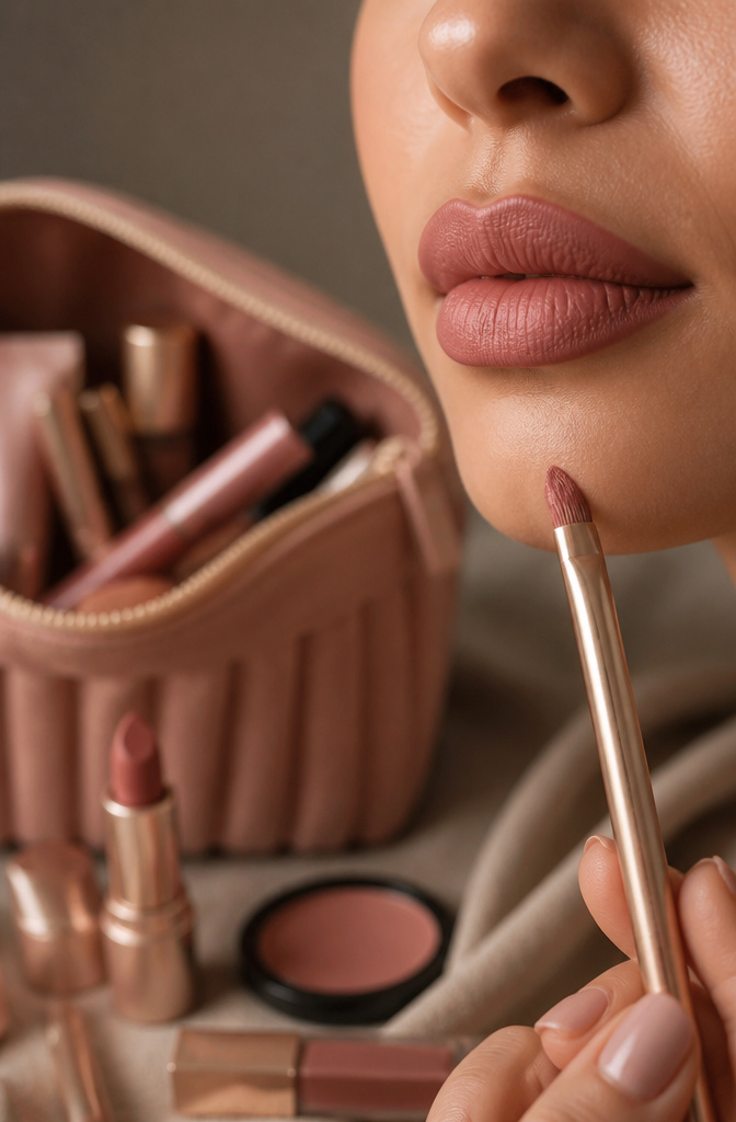 Model applying a muted pink lip cream.