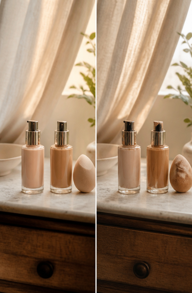 A foundation bottle with a natural background.