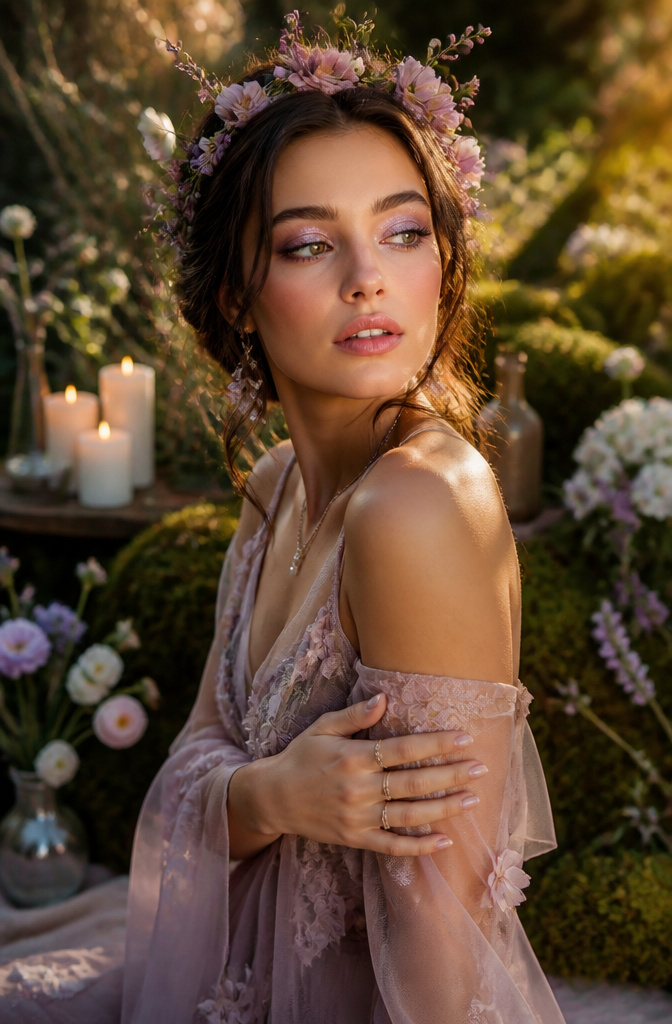 Model with iridescent shadow in an outdoor garden setting.