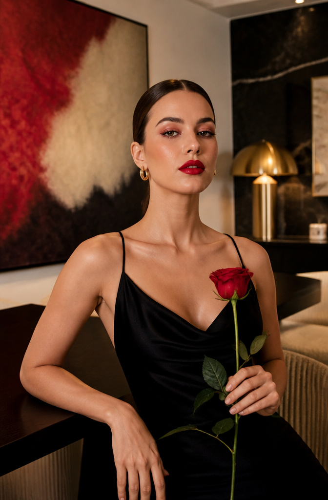 A model with bold red makeup in a chic modern setting.