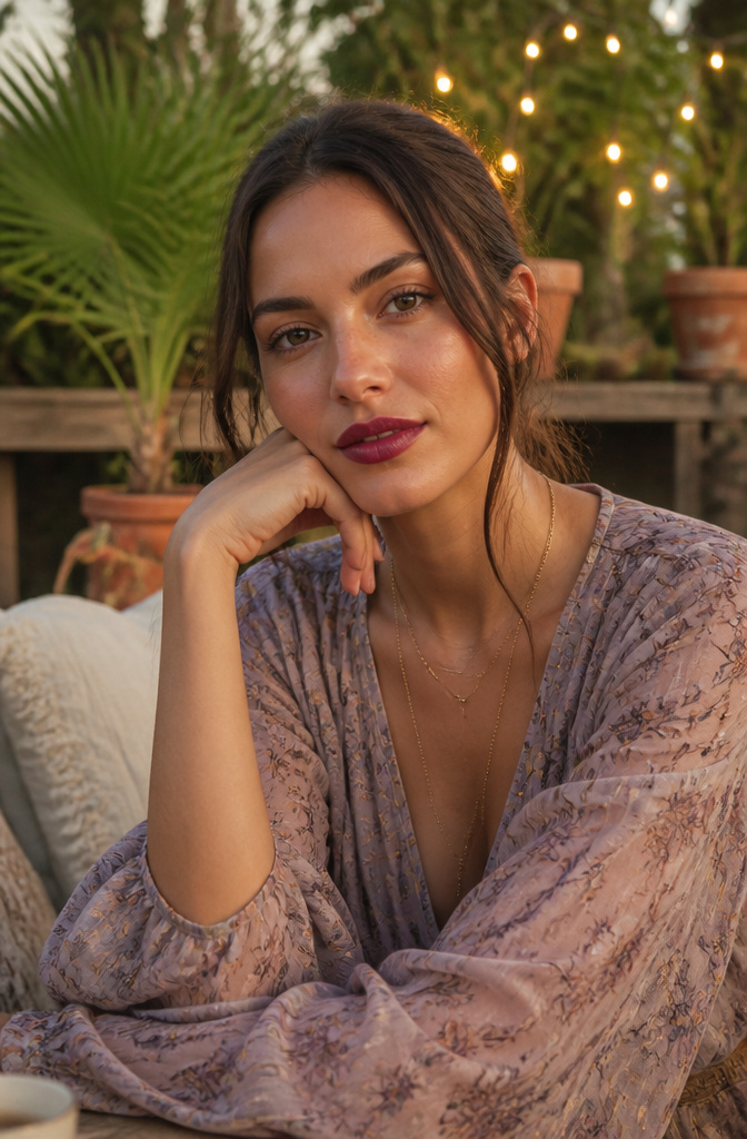 Model with berry-kissed lips in a garden with fairy lights.