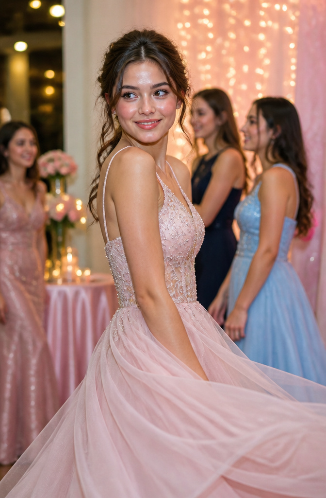 A young woman with doll aesthetic makeup in a pastel-themed prom environment.