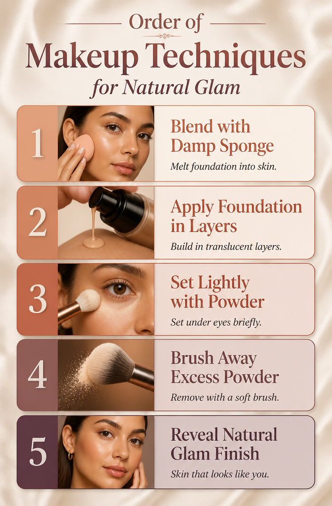 Order of makeup techniques for achieving a natural glam appearance.
