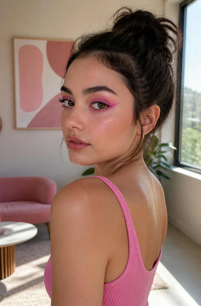 A model with pink winged eyeliner accentuating her eyes.