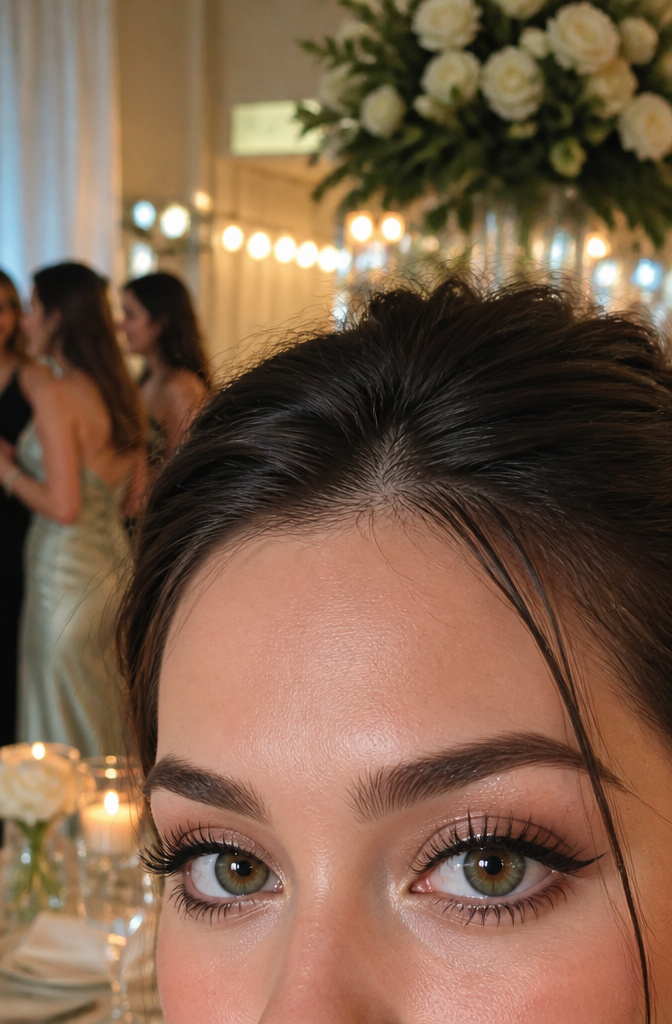 A close-up of a young woman's eyes with floating bottom lashes.