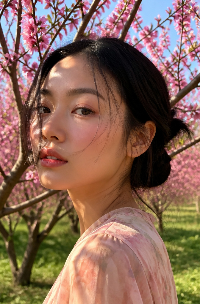 Model with natural pink blush in a vibrant orchard.