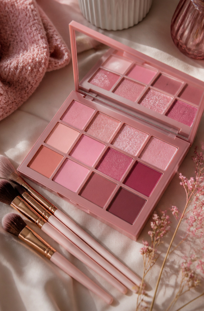 A close-up of a monochrome pink makeup palette with brushes.