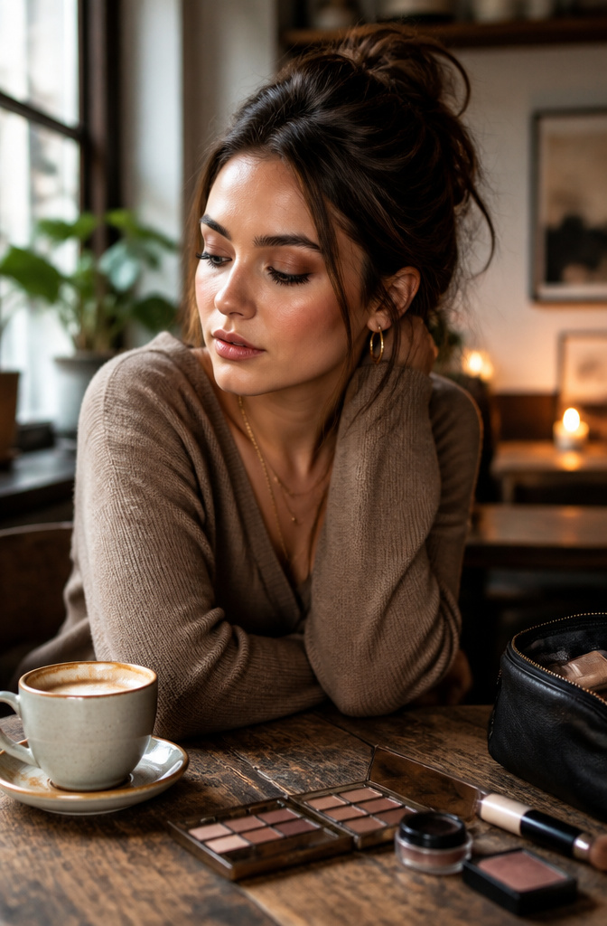 Model showcasing a smudged shadow look in a cozy coffee shop.