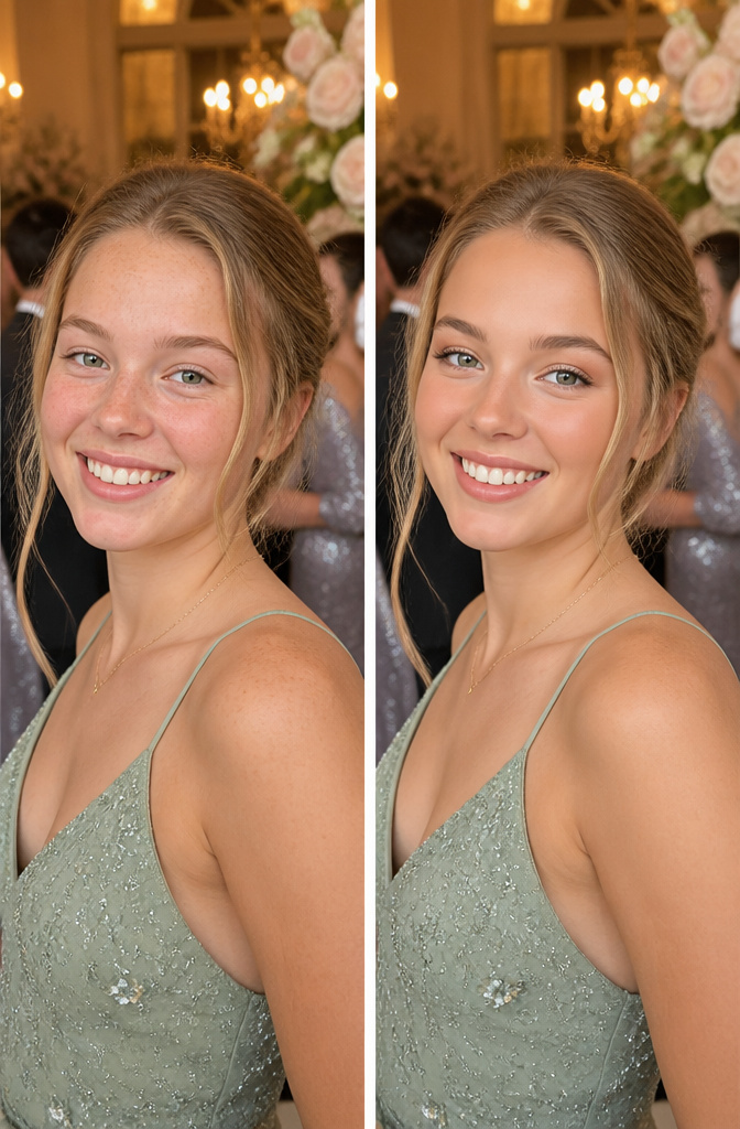 A young woman with freckles and tinted moisturizer in a prom setting.