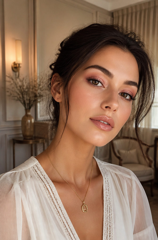 A model with champagne soft glam makeup and beige-pink shadow.